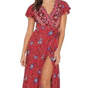 Bohemian Floral Wrap V Neck Maxi Dress